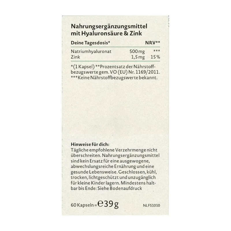 Etiquette de supplément pour Hyaluron Nature Love 500mg - Peau Jeune & Articulations : chaque gélule contient de l'hyaluron (hyaluronate de sodium, 500 mg) et du zinc (1,5 mg), avec des instructions d'utilisation ; l'emballage contient 60 gélules (39g net).