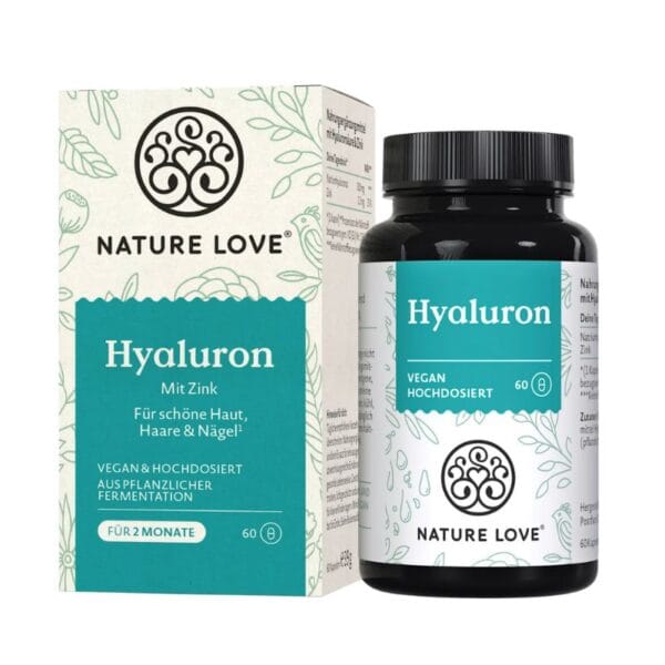 Hyaluron Nature Love 500mg Peau Jeune & Articulations offre 60 gélules végétaliennes qui soutiennent la peau, les cheveux, les ongles et les articulations. Hyaluron à haute dose avec du zinc pour une utilisation de deux mois.