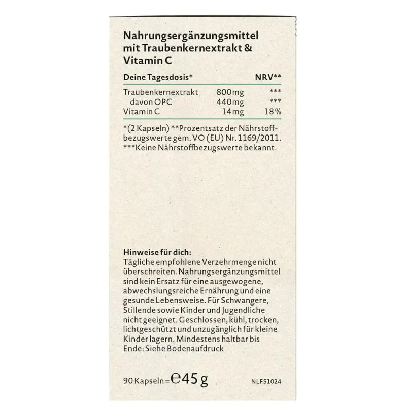 Label de OPC Nature Love 440mg - Antioxydant Pépins de Raisin, en français : extrait de pépins de raisin riche en OPC et vitamine C, ingrédients, posologie journalière, % VNR, instructions et avertissements. 90 gélules, poids net 45g.