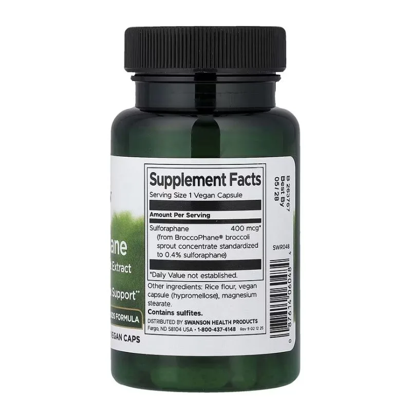 Une bouteille verte de Swanson Sulforaphane 400mcg - Antioxydant & Détox Foie (60 Gélules) avec un bouchon noir, indiquant la teneur en sulforaphane et l'étiquette du supplément et des ingrédients.