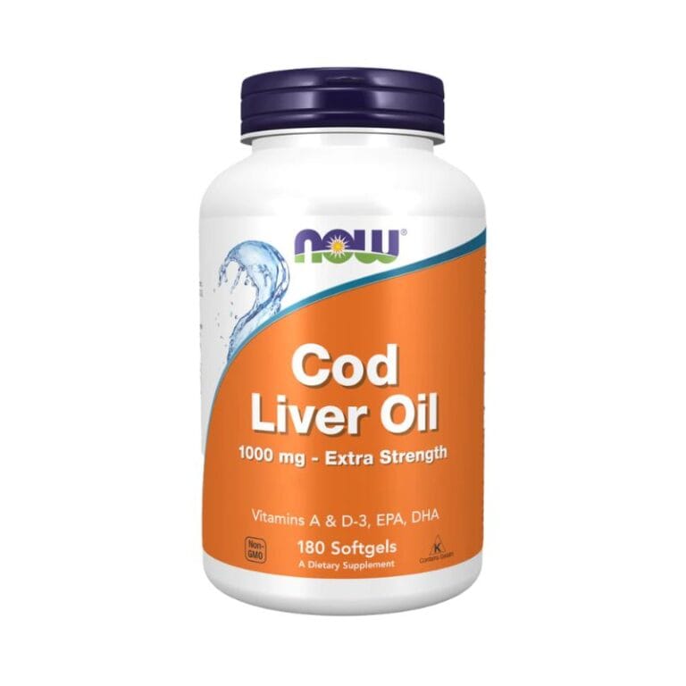 Une bouteille blanche étiquetée "NOW Foods Cod Liver Oil 1000mg - Oméga-3, EPA & DHA" avec 90 softgels, fournissant une huile de foie de morue de première qualité riche en oméga-3, EPA et DHA.