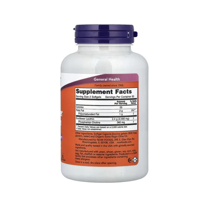 Une bouteille blanche avec une étiquette orange affichant des informations sur le supplément, des instructions de dosage et des ingrédients, dont la Lécithine de tournesol, pour un supplément diététique de santé générale.