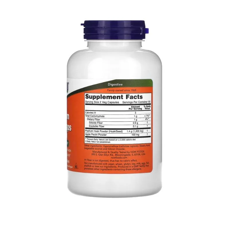Bouteille en plastique blanc avec bouchon bleu affichant les informations sur le supplément de NOW Foods Psyllium Husk Caps 700 mg, 180 gélules végétales, y compris les ingrédients et les informations nutritionnelles.