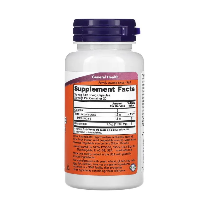 Une bouteille blanche de NOW Foods D-Mannose 500 mg avec un bouchon violet et une étiquette orange contenant des informations sur le supplément, la nutrition et les ingrédients ; contient 60 gélules végétales.