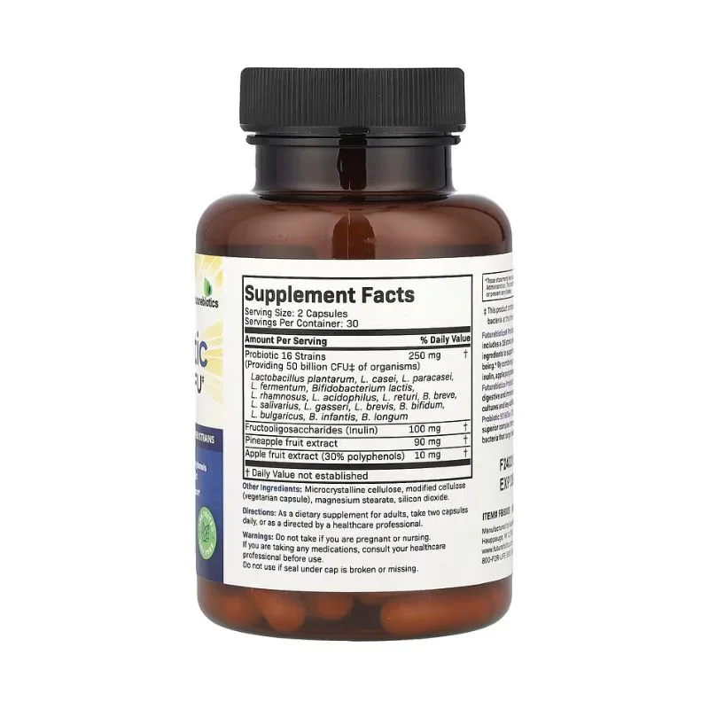 Une bouteille brune de Futurebiotics Probiotic Plus Prebiotic 50 Billion CFU (60 gélules végétariennes) comporte une étiquette blanche indiquant les informations complémentaires, telles que la taille de la portion, le mélange de probiotiques, les prébiotiques et l'extrait de fruit de la pomme.