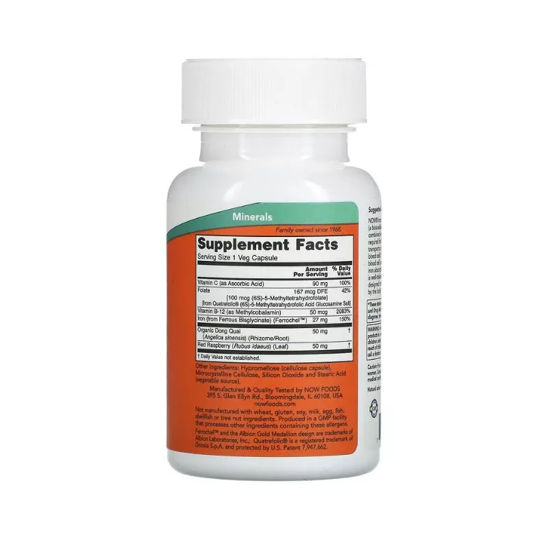 NOW Foods - Iron Complex se présente dans une bouteille blanche avec une étiquette orange affichant des informations détaillées sur le supplément, les ingrédients, 100 capsules végétales et les informations du fabricant.