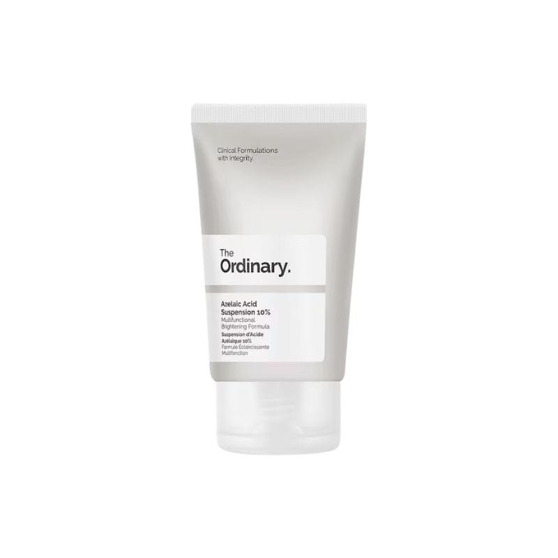 Un tube de 30 ml de The Ordinary - Azelaic Acid Suspension 10% se tient debout sur un fond blanc uni.