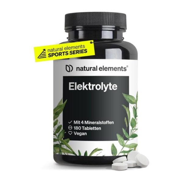 Une bouteille noire étiquetée "natural elements - Electrolyte Tablets - 180 comprimés" avec des graphiques de feuilles vertes est présentée à côté d'une étiquette jaune indiquant "natural elements SPORTS SERIES".