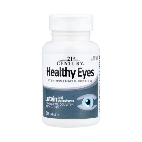 Un flacon blanc étiqueté "21st Century - Healthy Eyes Lutein and Antioxidants", supplément pour la vue, contenant 60 comprimés.