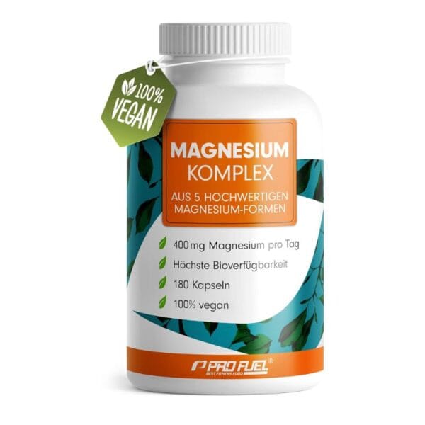 Magnesium Complex ProFuel 400mg - Énergie & Récupération 180 Gélules se présente dans une bouteille blanche avec des graphiques de feuilles vertes et une étiquette orange, idéale pour ceux qui recherchent un supplément de magnésium végétalien de première qualité.