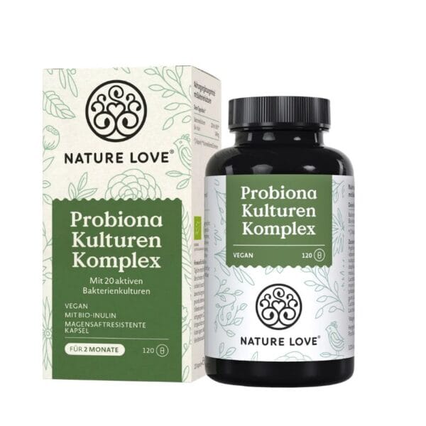Un flacon et une boîte de Probiotique Nature Love Probiona - 20 Milliards UFC, vegan, avec 120 gélules pour 2 mois d'utilisation.