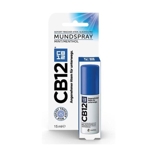 CB12 - Spray Buccal Menthe/Menthol contre la Mauvaise Haleine 15 ml, en boîte blanche et bleue avec texte allemand, idéal pour lutter contre la mauvaise haleine.