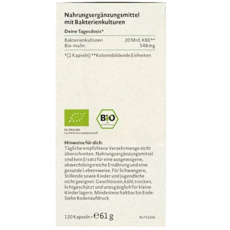 Boîte de Probiotique Nature Love Probiona - 20 Milliards UFC 120 Gélules, un supplément allemand avec des cultures probiotiques. Affiche la posologie, les informations nutritionnelles, les logos de certification biologique et les instructions d'utilisation ; texte principalement en allemand.