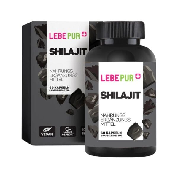 Une bouteille et une boîte de Shilajit Lebepur - Extrait Himalayen Énergie & Vitalité avec 60 gélules végétaliennes testées en laboratoire.
