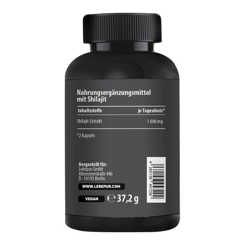 Bouteille noire étiquetée Shilajit Lebepur - Extrait Himalayen Énergie & Vitalité, 60 gélules végétaliennes, 1000 mg de shilajit par dose journalière, 37,2g au total, par Lebepur GmbH. Informations sur le produit en allemand.