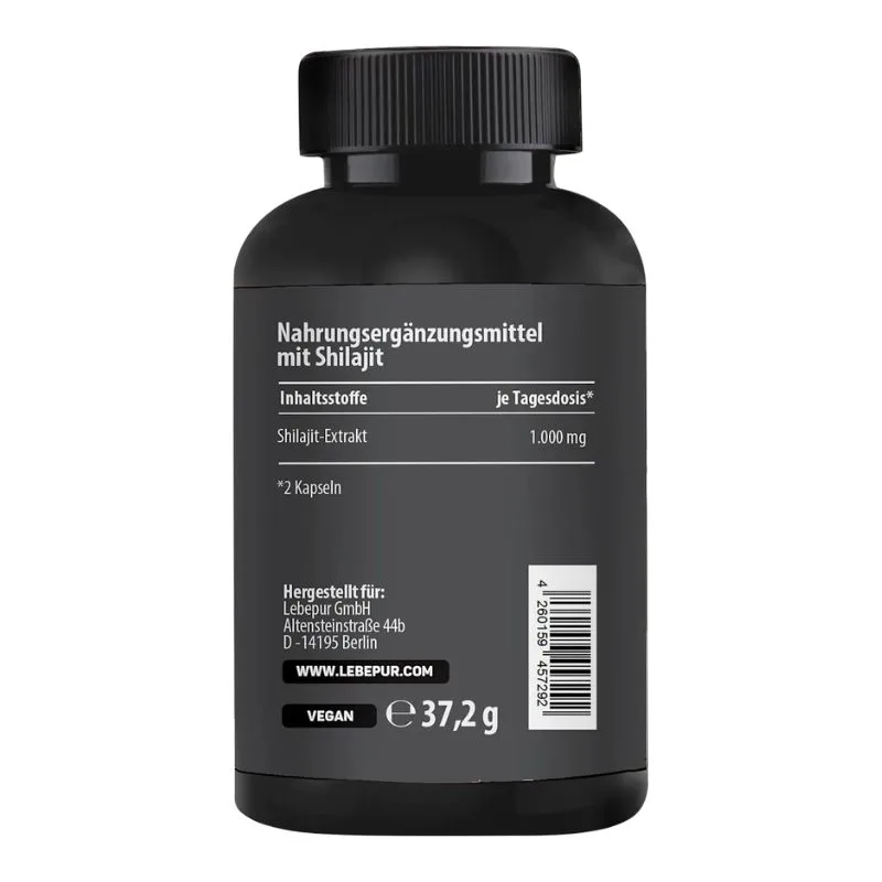 Bouteille noire étiquetée Shilajit Lebepur - Extrait Himalayen Énergie & Vitalité, 60 gélules végétaliennes, 1000 mg de shilajit par dose journalière, 37,2g au total, par Lebepur GmbH. Informations sur le produit en allemand.