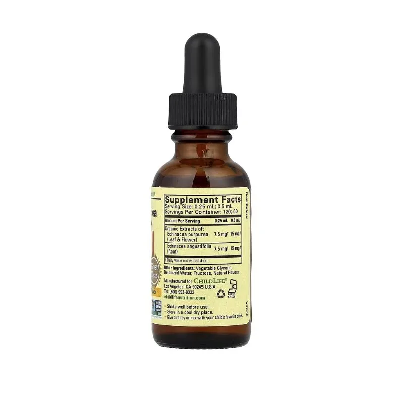 Flacon compte-gouttes en verre brun contenant ChildLife Essentials - Échinacée goût orange naturel - 30 ml gouttes, avec une étiquette indiquant la composition du supplément, photographié sur fond blanc. Idéal pour donner de l'Échinacée aux enfants.