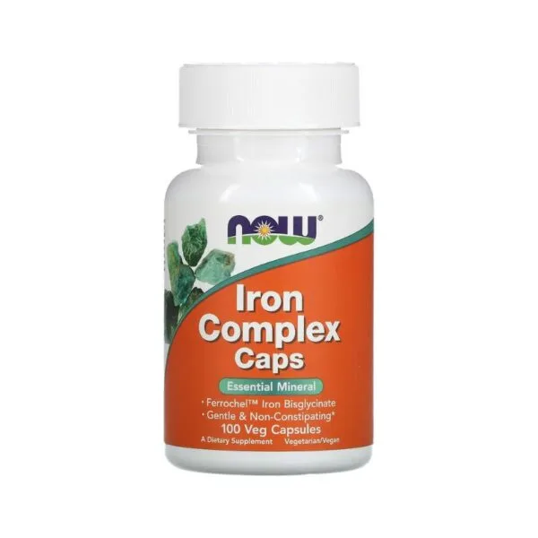 NOW Foods - Iron Complex - 100 capsules végétales est un supplément de fer doux et non constipant dans une bouteille blanche, idéal pour un soutien quotidien.