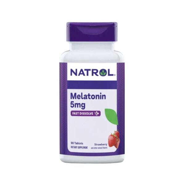 Un flacon de Natrol - Melatonin Fast Dissolve Fraise 5 mg, 90 comprimés.