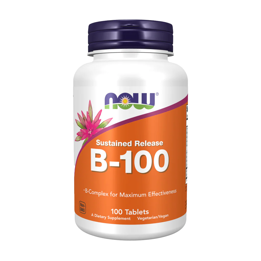Une bouteille de NOW Foods Complexe B 100, Vitamine B-100, contient 100 capsules végétales et fournit une formule complète de complexe B pour une efficacité optimale.
