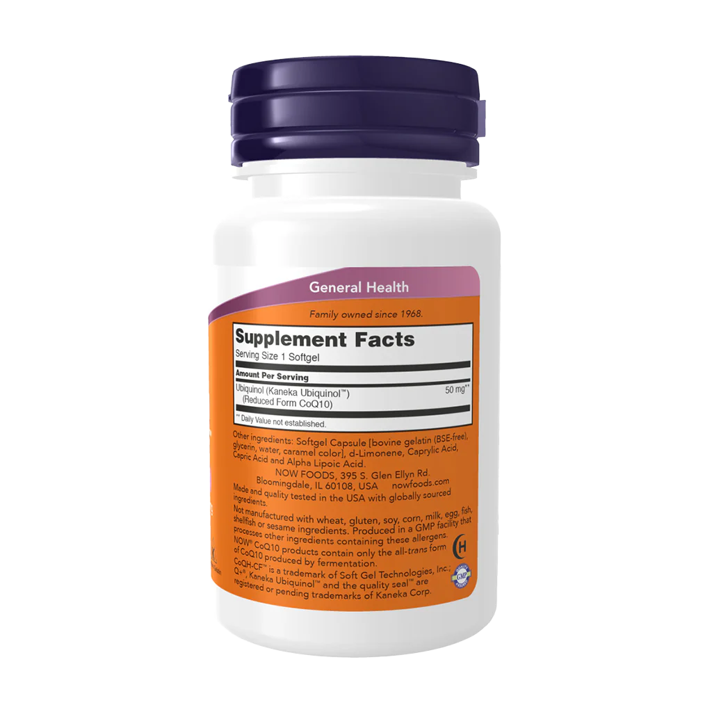 Flacon blanc avec un bouchon violet étiqueté "NOW Foods - Ubiquinol CoQH-CF™ 50 mg - 60 softgels", listant l'Ubiquinol (50 mg) comme ingrédient clé, destiné à la santé générale.