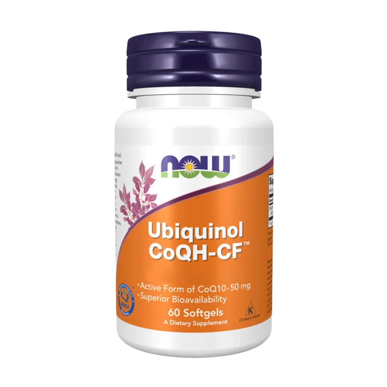 Un flacon blanc étiqueté "NOW Foods - Ubiquinol CoQH-CF™ 50 mg - 60 softgels", un complément alimentaire contenant la forme active de la CoQ10.