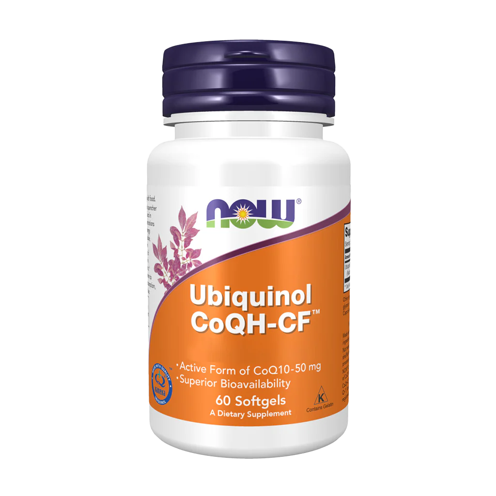 Un flacon blanc étiqueté "NOW Foods - Ubiquinol CoQH-CF™ 50 mg - 60 softgels", un complément alimentaire contenant la forme active de la CoQ10.