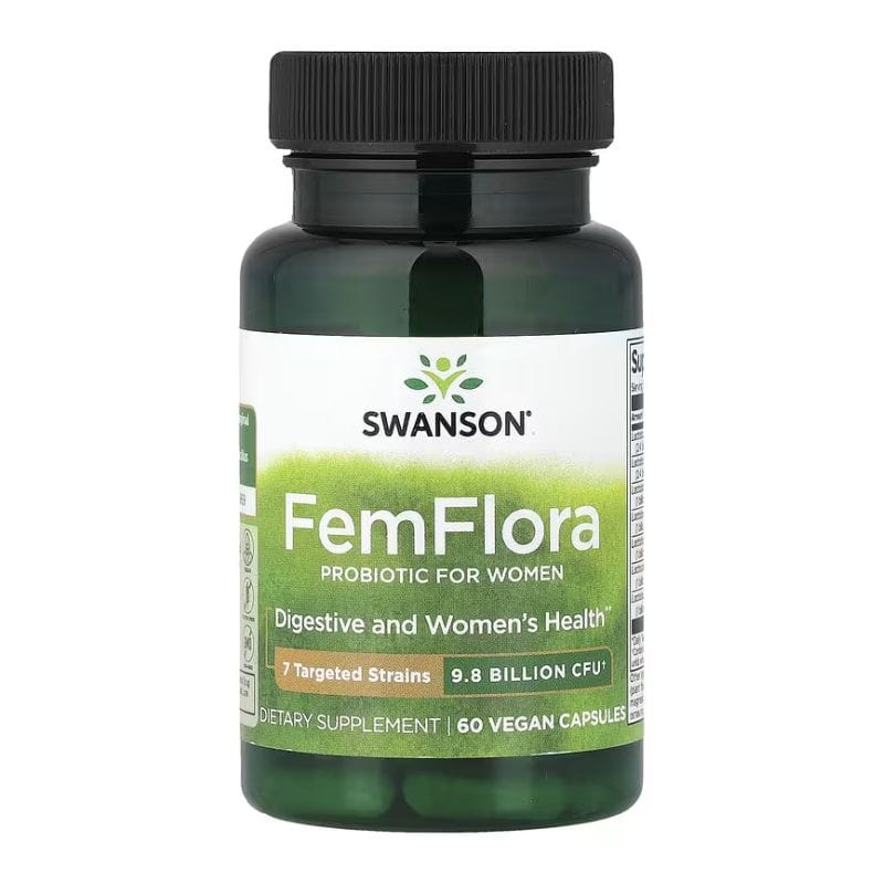 Un flacon vert de Probiotique Femme Swanson FemFlora 9,8 Milliards UFC contient 60 gélules pour soutenir la santé digestive et féminine.