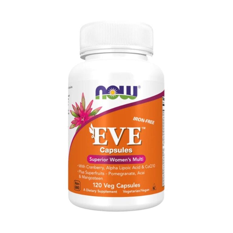 Une bouteille blanche de Multivitamine Femme NOW Foods Eve 120 gélules, étiquetée comme sans fer et convenant aux végétariens/végétaliens, avec des fruits et une fleur sur l'étiquette.