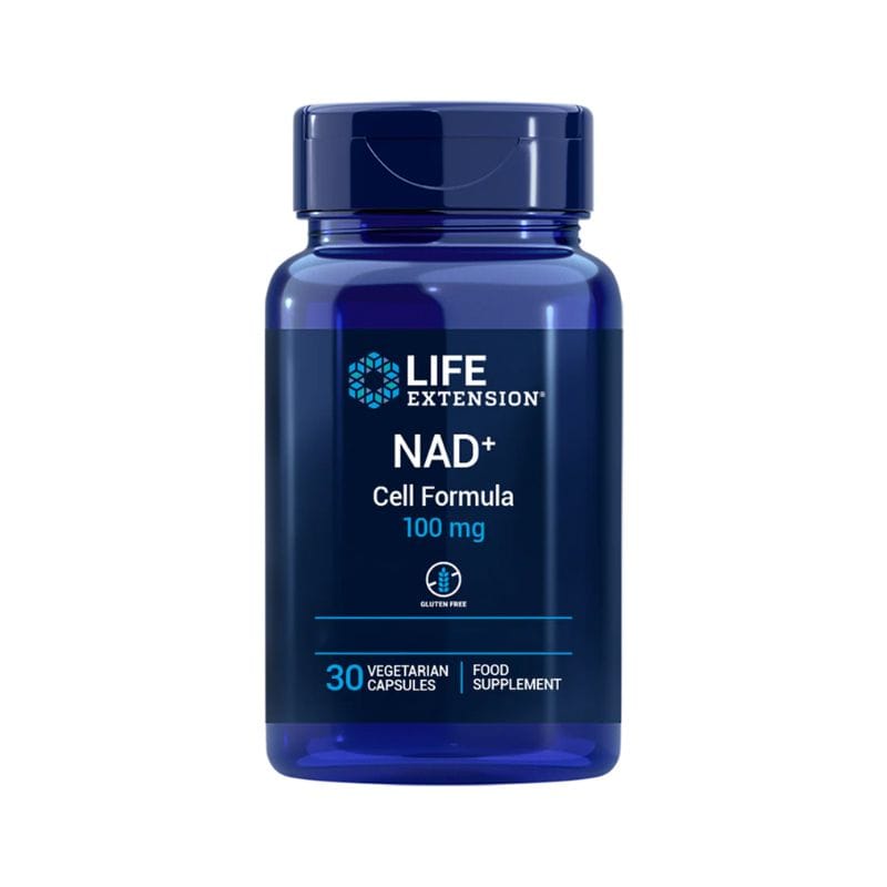 Un flacon bleu étiqueté "Life Extension NAD+ 100 mg - Nicotinamide Riboside Anti-Âge & Énergie Cellulaire" contient 30 gélules végétales ; il s'agit d'un complément alimentaire de NAD+ sans gluten.