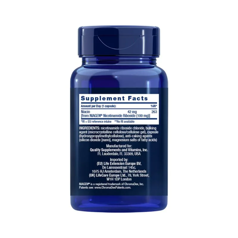 Flacon de 100 mg de NAD+ de Life Extension, étiqueté avec les informations sur le supplément, les ingrédients, les informations du fabricant et les instructions d'utilisation pour 30 gélules végétales de Nicotinamide Riboside Anti-Âge & Énergie Cellulaire.
