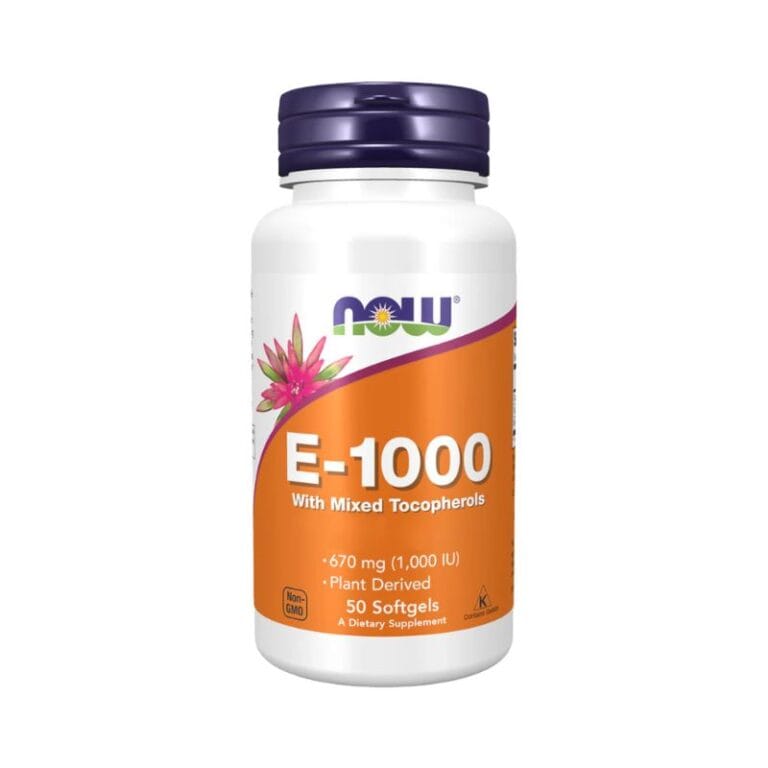 NOW Foods Vitamine E 1000 UI - Antioxydant Naturel d-Alpha Tocophérol se présente dans une bouteille blanche avec 50 softgels (670 mg/portion), d'origine végétale et sans OGM, contenant des tocophérols mélangés et de la vitamine E naturelle.