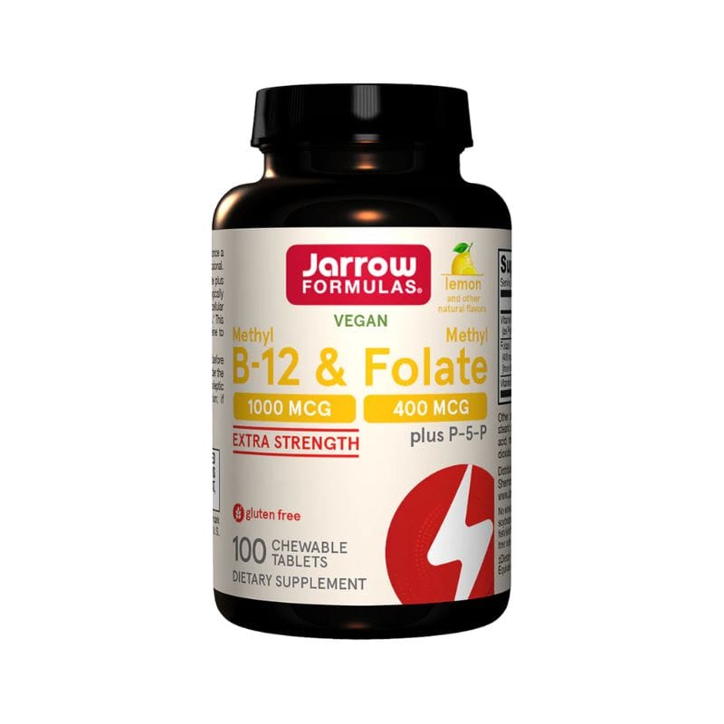 Jarrow Formulas Méthyl B-12 1000 mcg & Méthyl Folate, énergie & système nerveux, 100 pastilles citron vegan et sans gluten, extra fort, apporte 1000 mcg de B-12 et 400 mcg de folate par tablette.
