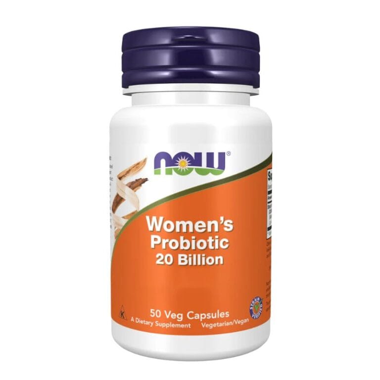 Une bouteille blanche de NOW Foods Probiotique Femme 20 Milliards - Flore Intime & Digestive, 50 capsules véganes. Idéal pour soutenir la flore intime et digestive au quotidien chez les femmes.