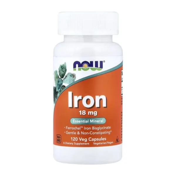 Une bouteille blanche de Fer Bisglycinate 18 mg Ferrochel de NOW Foods, étiqueté pour une absorption douce et de l'énergie, contient 120 capsules végétaliennes de fer sous forme de bisglycinate pour une absorption optimale.
