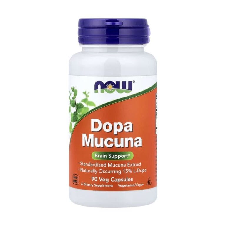 Une bouteille blanche de NOW Foods DOPA Mucuna 800 mg avec 90 gélules végétaliennes, contenant de l'extrait de mucuna pour la dopamine et le bien-être mental.