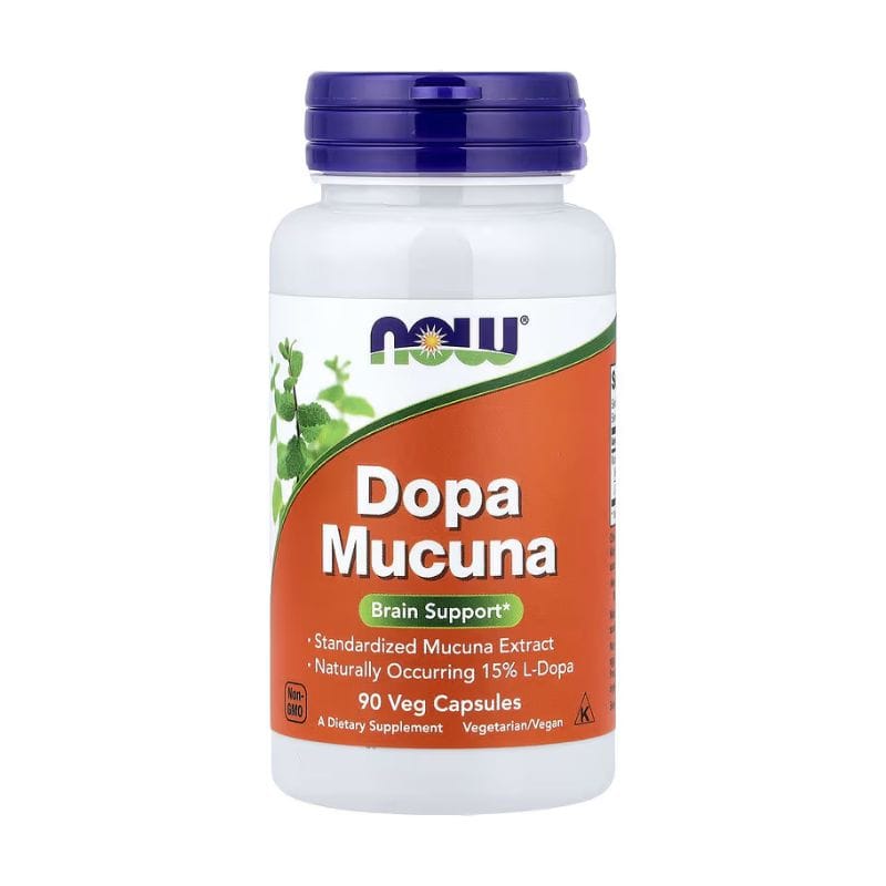 Une bouteille blanche de NOW Foods DOPA Mucuna 800 mg avec 90 gélules végétaliennes, contenant de l'extrait de mucuna pour la dopamine et le bien-être mental.