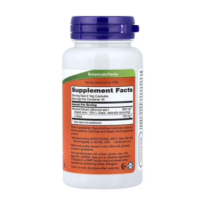 Une bouteille blanche de NOW Foods DOPA Mucuna 800 mg - Dopamine & Bien-Être Mental | 90 Capsules Véganes, comportant une étiquette avec les informations sur le supplément, les ingrédients, la taille de la portion et les informations du fabricant.