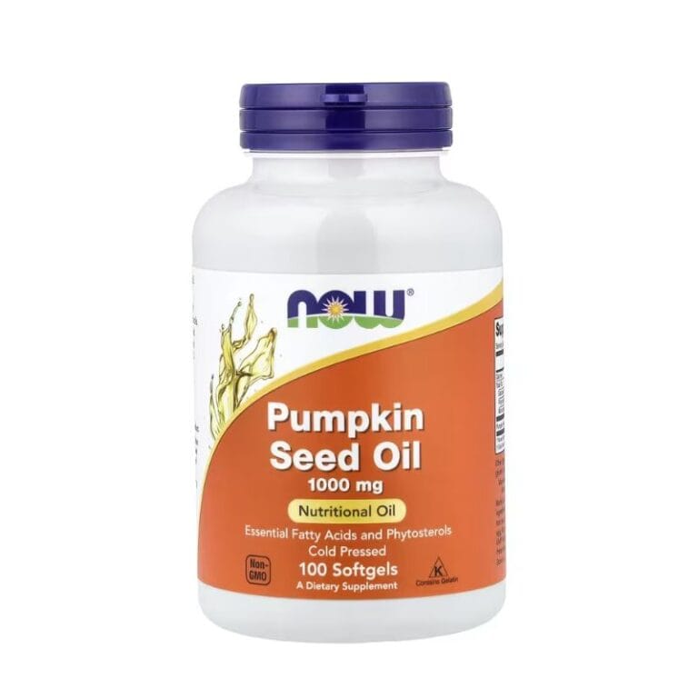 Une bouteille blanche de NOW Foods Huile de Graine de Courge 1000 mg-Prostate & Cheveux, avec une étiquette orange et un bouchon violet. L'étiquette indique "huile graine de courge", idéal pour ceux qui recherchent des suppléments naturels d'huile de graine. Contient 100 gélules.