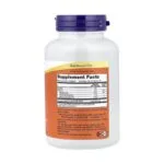 Bouteille blanche avec bouchon violet montrant les informations complémentaires pour NOW Foods Huile de Graine de Courge 1000 mg - Prostate & Cheveux, listant la taille de la portion, les ingrédients, et les détails du fabricant. Contient 100 softgels d'huile de graine de courge nutritionnelle.