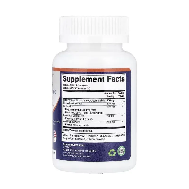 Bouteille en plastique blanc de Vitamatic Nicotinamide Riboside NAD+ 500mg 60 Capsules | Anti-Âge, comportant une étiquette "Supplement Facts" détaillant le nicotinamide riboside, d'autres ingrédients, la taille de la portion et des informations sur le fabricant.