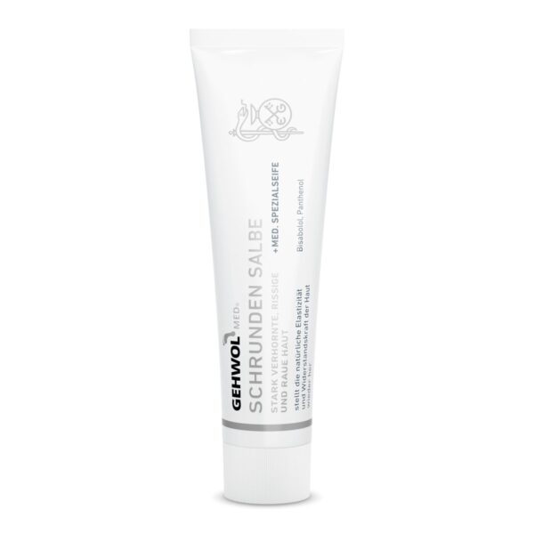 Un tube blanc portant la mention « GEHWOL med Schrunden-Salbe Talons Crevassés 125 ml | Réparation » est présenté debout sur un fond blanc uni, mettant en avant sa formule réparatrice intensive pour les talons fissurés.