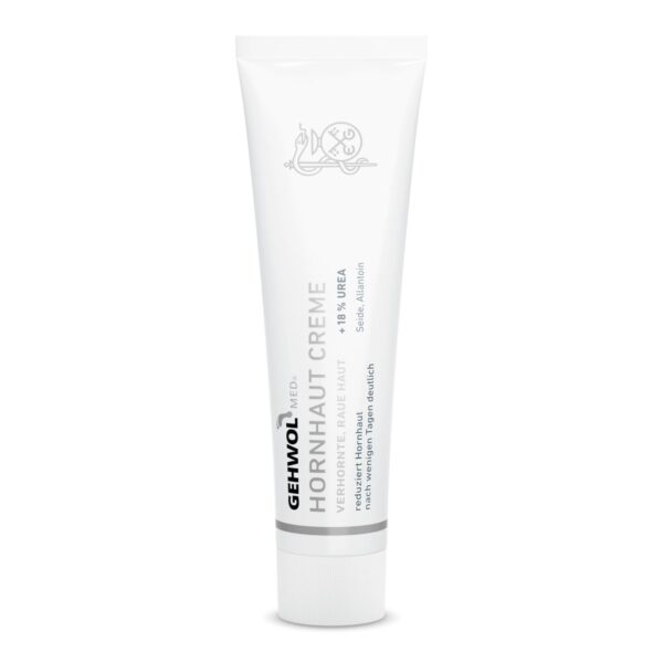Un tube blanc de crème GEHWOL Med Hornhaut à 18 % d'urée, destinée aux soins des pieds ; texte noir et gris sur l'étiquette avant.