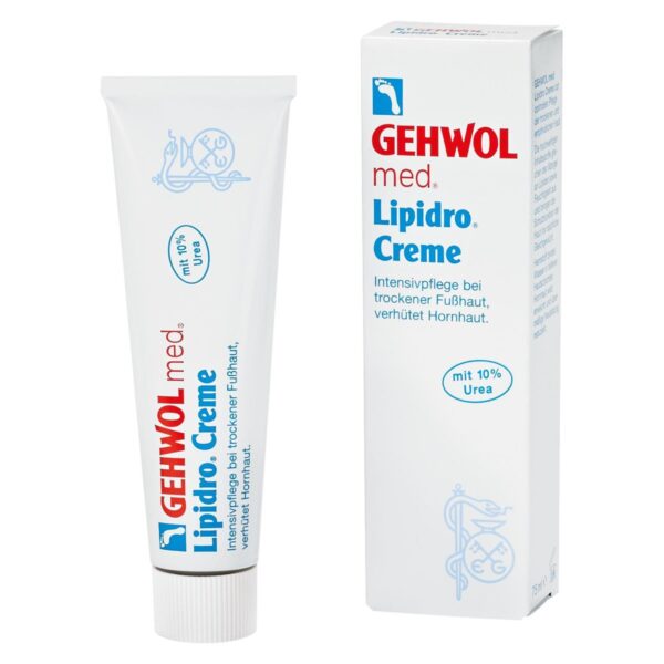Un tube et un coffret de crème Gehwol med Lipidro à 10 % d'urée, pour le soin intensif de la peau sèche des pieds. L'emballage est blanc, avec des inscriptions et des symboles rouges et bleus.