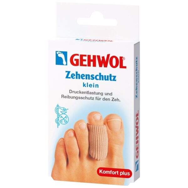 Boîte « Gehwol Zehenschutz klein » représentant un pied avec un petit protège-orteil sur le deuxième orteil. Ce produit est destiné à soulager la pression et les frottements.