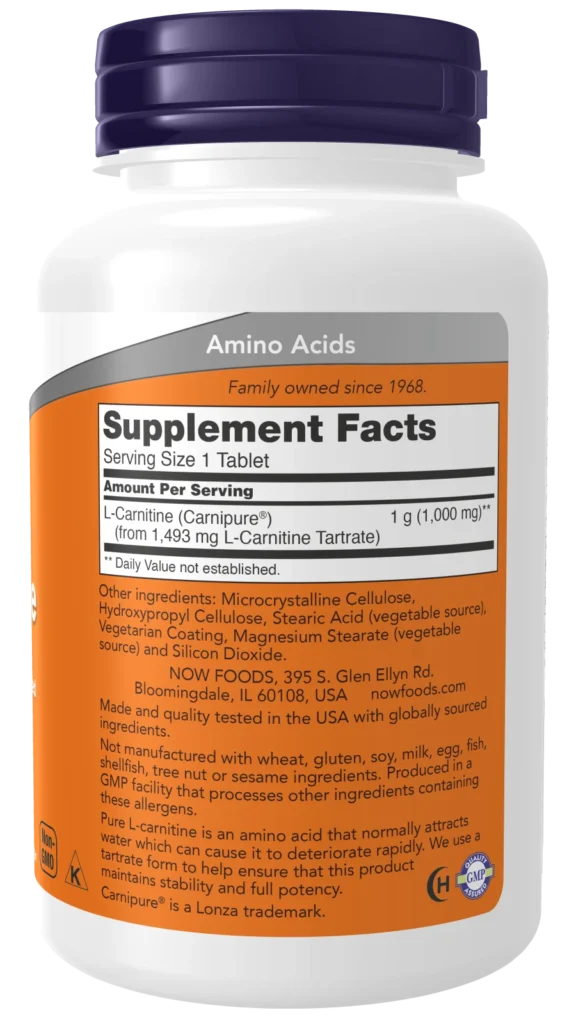 NOW Foods L-Carnitine 1 000 mg – étiquette de composition et ingrédients