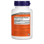 Une bouteille blanche avec un bouchon violet étiqueté "NOW Foods Glycine 1000 mg, 100 capsules végétales" affiche les informations sur le supplément et les ingrédients sur un fond orange et blanc.