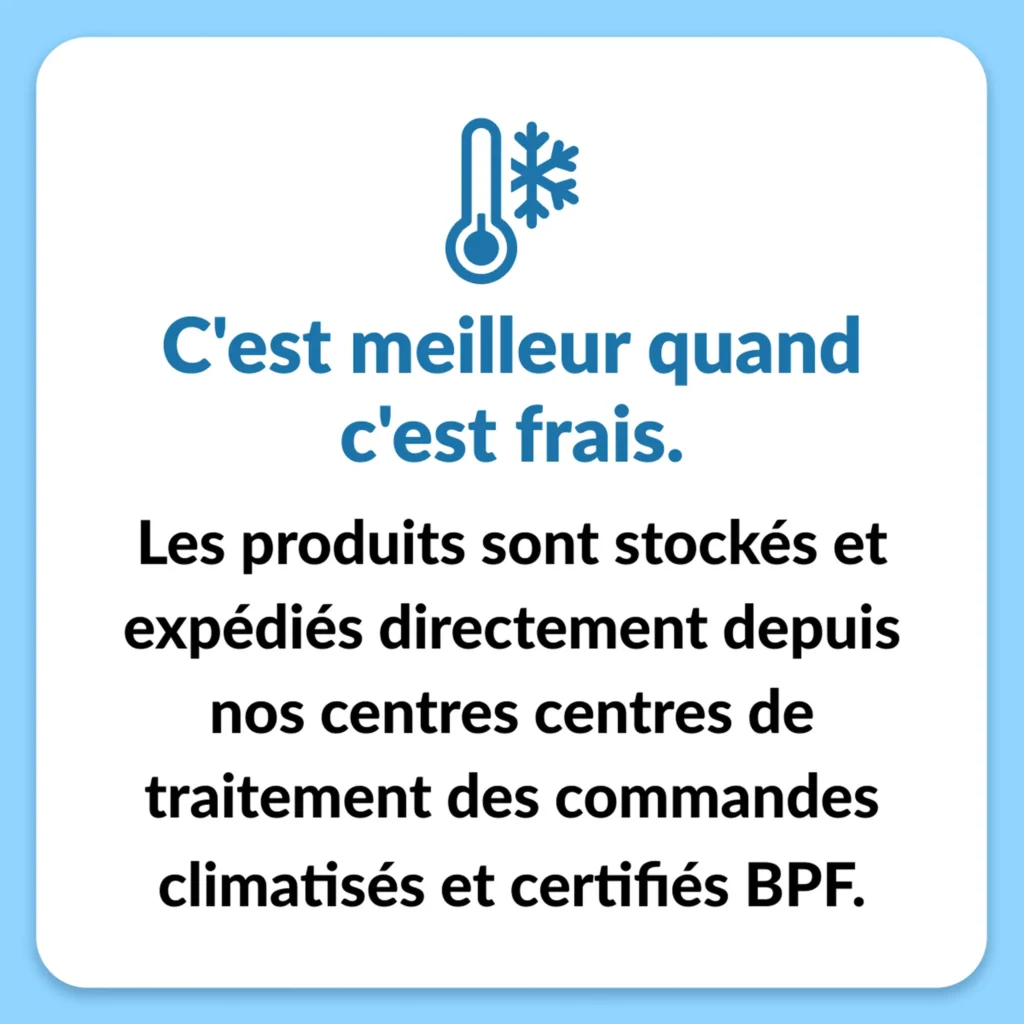 Un texte graphique en français montre que Now Foods - Huile d'Origan, 90 gélules est stocké et expédié à partir de centres climatisés et certifiés BPF pour la fraîcheur, en utilisant un thermomètre et une icône de flocon de neige pour mettre en évidence la qualité.