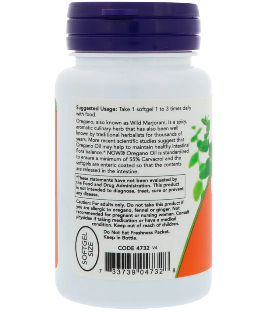 Une bouteille d'Huile d'Origan, 90 gélules avec une étiquette, Now Foods - Huile d'Origan, 90 gélules.