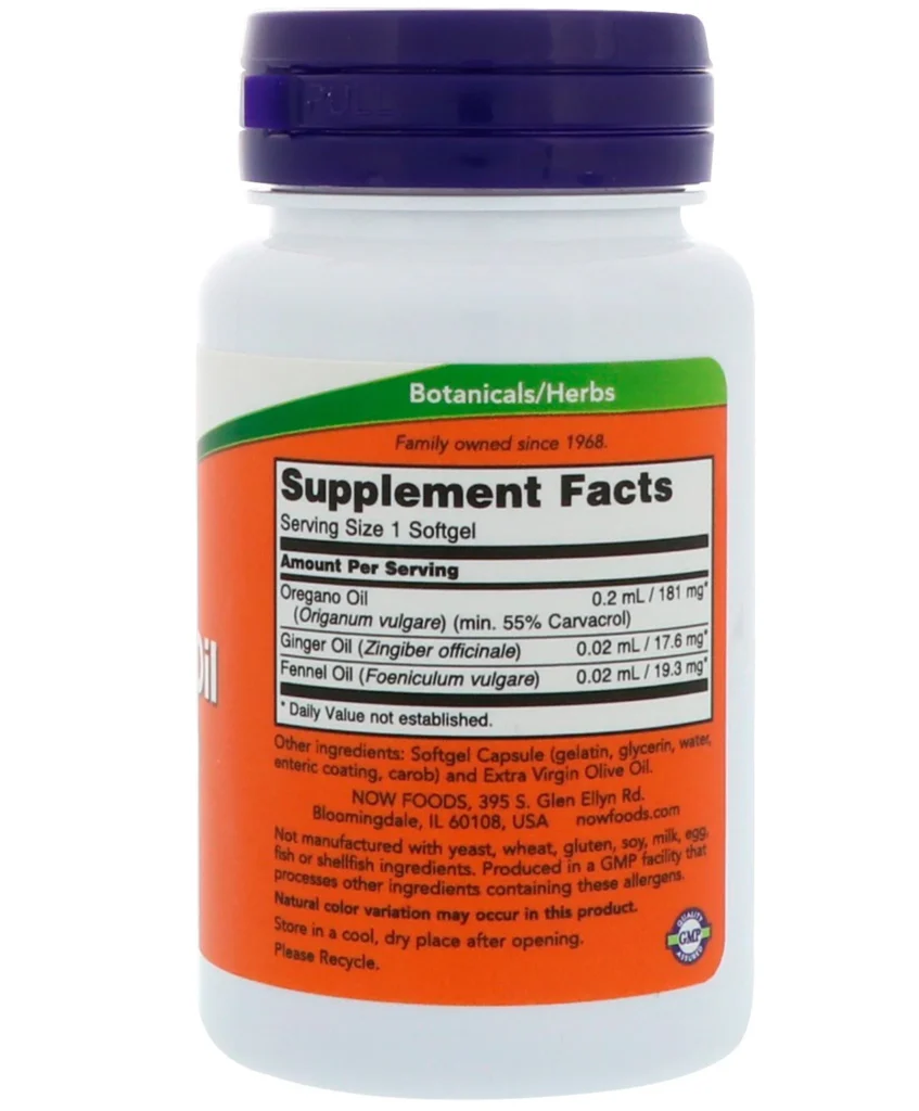 Une bouteille de Now Foods - Huile d'Origan, supplément de 90 gélules sur fond blanc.